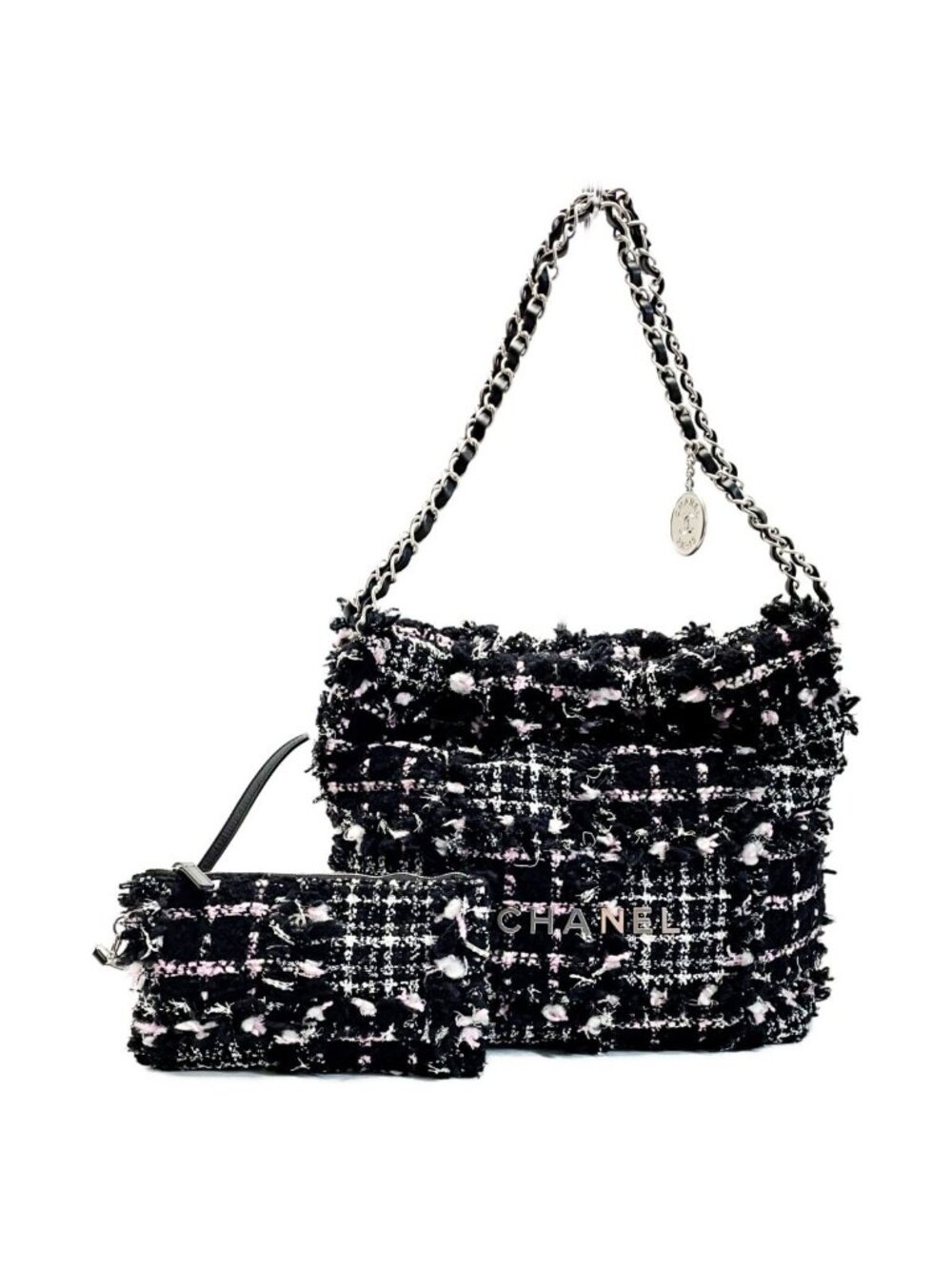 Chanel 22 Black Pink Shoulder Bag Tweed Silver